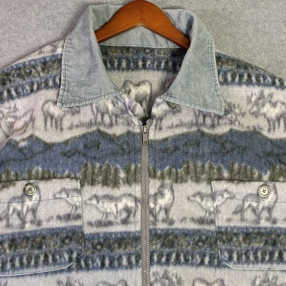 Vintage Fleece Jacket Talon Zip Moose Wolf Forest Print Outdoors Cabin XL 90s - Picture 2 of 7